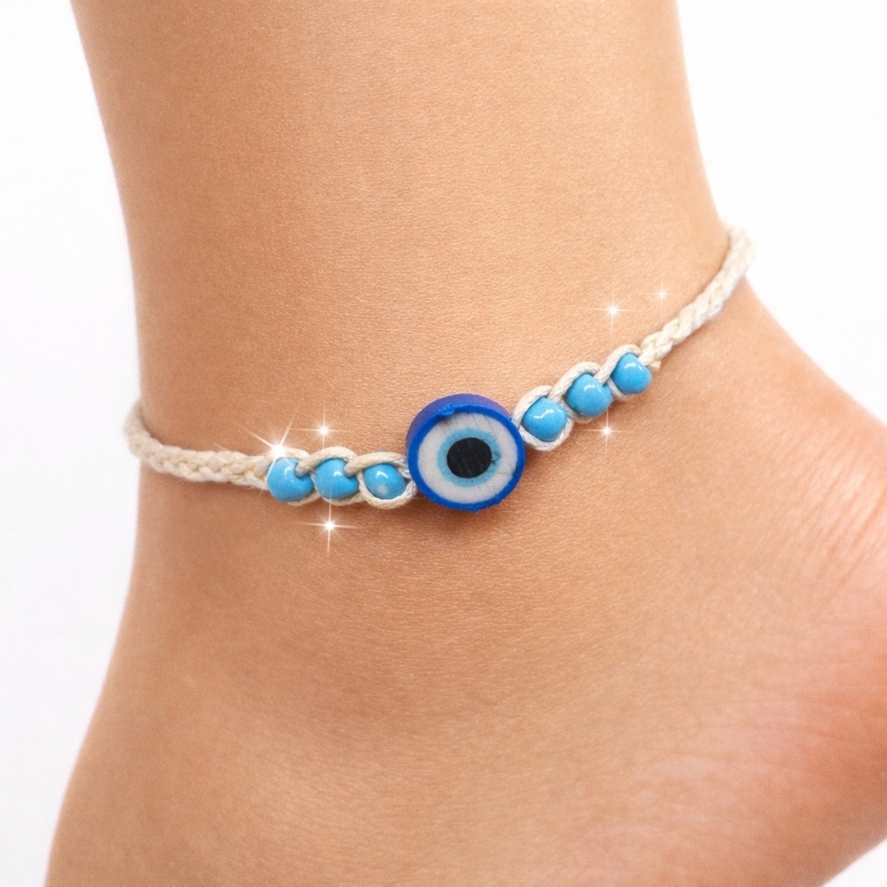 Blue Evil Eye Beaded Anklet – Cotton Cord Cream Summer Jewelry Ankle Bracelet